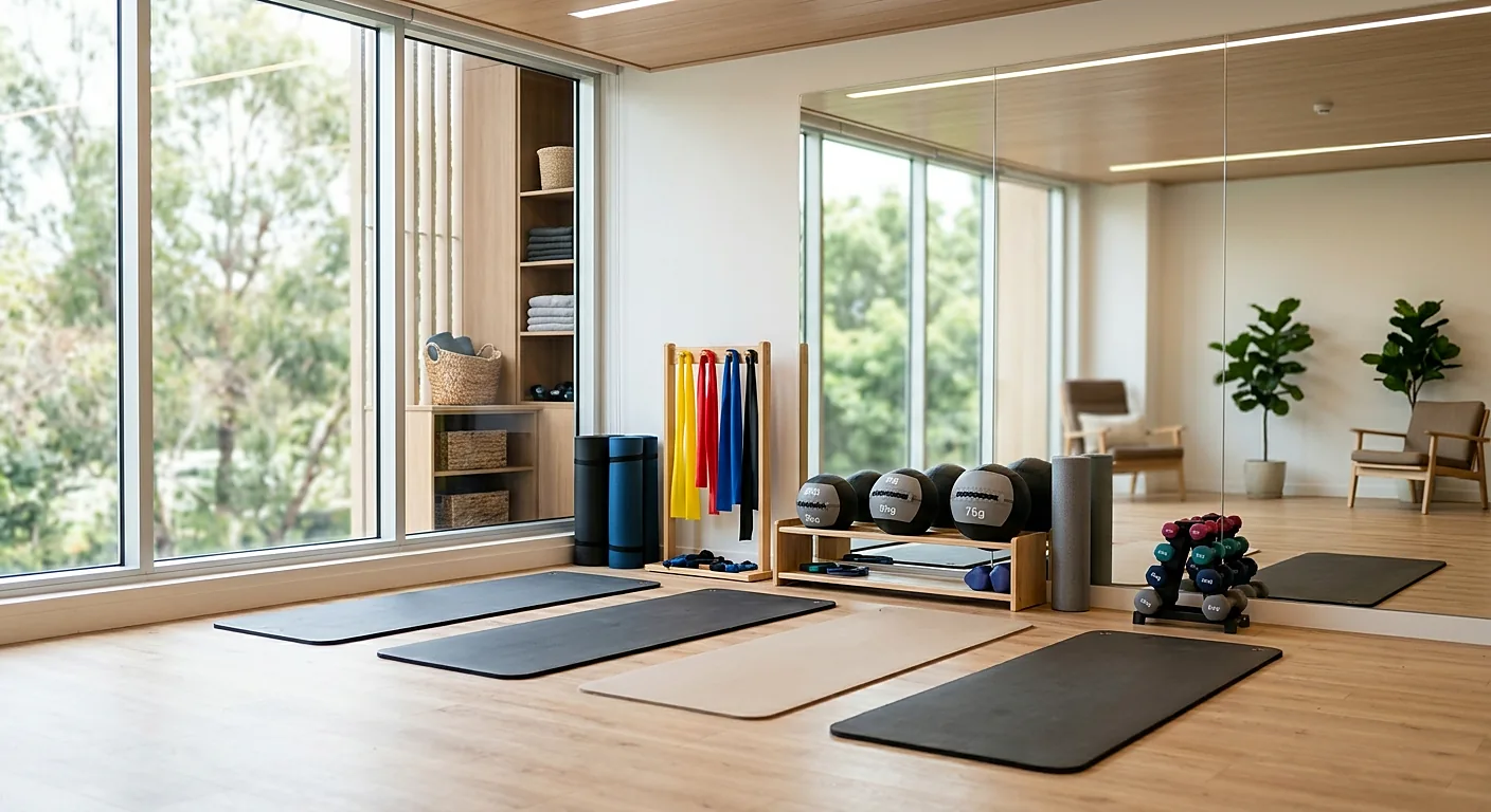 Trainingsfläche mit Matten und kleinen Geräten